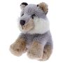 The toy sits on its back legs. Its body and head are light grey, its legs, mouth and inner ears are light brown and its cheeks are white.