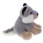 A side view of the toy on its back legs. Its body, tail and head are light grey and its ears are black.