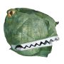 Side-on view of the T. rex Costume Head showing its green scales, white teeth and yellow eye.