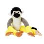 The squirrel monkey toy is shown sitting down with its legs and arms facing forward. Its body is black, white and grey, but its limbs are yellow with brown paws.