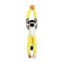 The squirrel monkey toy is shown hanging full length with its hands Velcroed together and its yellow legs dangling down. 