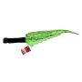 A side view of the green costume tail. There are green triangular scales along the spine and the tail has black scales on it. It is attached to an adjustable black belt.