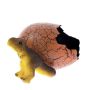 The yellow and brown coloured T. rex toy is shown outside of its cracked orange egg.