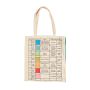 The cream tote bag showing the table of colour swatches and their descriptions.
