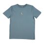 The front of the petrol-blue owl t-shirt. In the middle of the chest is a small embroidered owl.