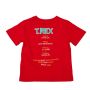 The reverse side of the red T. rex Facts T-shirt for Kids with T. rex (in blue) above five facts.