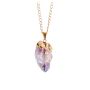 A close up of the pale purple amethyst pendant with its gold-plated top, bail (attachment) and chain.