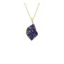A close up of the purple amethyst pendant at the bottom of the gold chain. The shape of this example pendant is diamond.