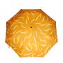An overhead photo of the orange umbrella canopy opened, showing the white s-shaped pattern.