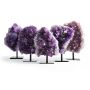 A group shot of five amethysts each mounted on a stand. Each one of the five is shaped differently and a different shade of purple.