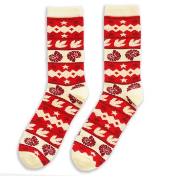 The red socks are trimmed in white, with a repeated layered pattern of white tyrannosaur footprints, burgundy and white stars and burgundy ammonite shells.