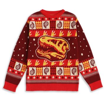 The front of the adult-sized T. rex Skull Christmas Jumper showing the T. rex skull on the chest.