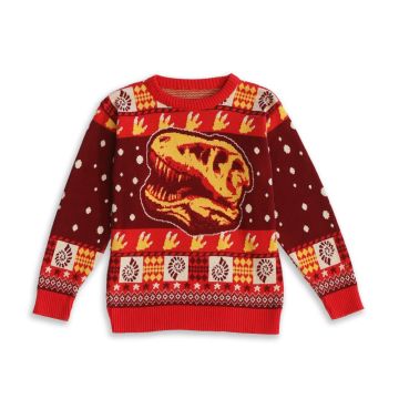 The front of the T. rex Skull Christmas Jumper for Kids showing the T. rex skull on the chest.