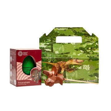 The Triceratops Easter Bundle with the contents of the bundle positioned next to the box, which has a Velociraptor image on the side. The contents are a Triceratops Hatching Egg in its packaging and the chocolate lolly.