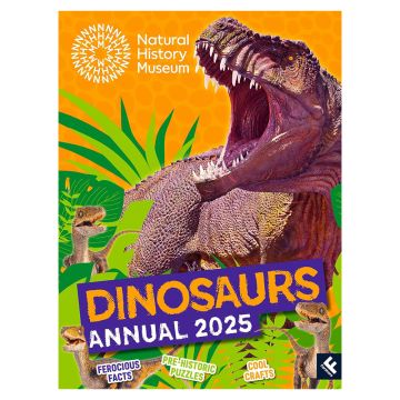 The orange front cover of the hardback book features an illustration of a T. rex roaring through some green plants next to two Velociraptors.