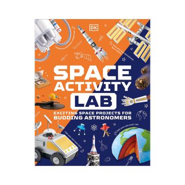 The front cover has a diagonal line from the top right corner to the bottom left. The left side is orange, the right is dark blue and all of it is covered in illustrations of the crafts found inside, such as the Earth cake and lunar rover.