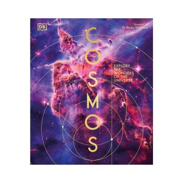 The front cover of Cosmos looks like purple and pink clouds exploding in space. The word ‘Cosmos’ is printed vertically down the middle in gold, surrounded by circles of different sizes.