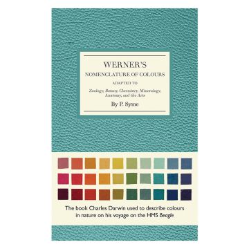 The light blue front cover of Werner's Nomenclature of Colours has a strap along the bottom with different coloured squares.