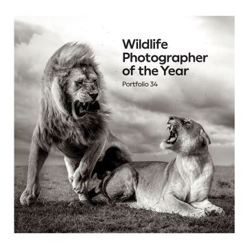 The front cover is a black and white photograph by William Fortescue of two lions on the Serengeti National Park, Tanzania roaring at each other as storm clouds gather above.