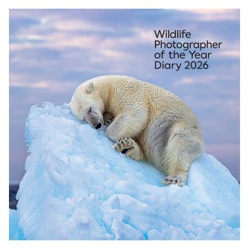 The diary's colour front cover image is of a polar bear curled up asleep on a large chunk of ice. Called 'Ice Bed', it was taken by Nima Sarikhani in Norway's Svalbard archipelago.
