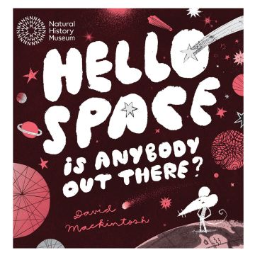 The book’s front cover features illustrations of planets, stars and a mouse standing on a planet.