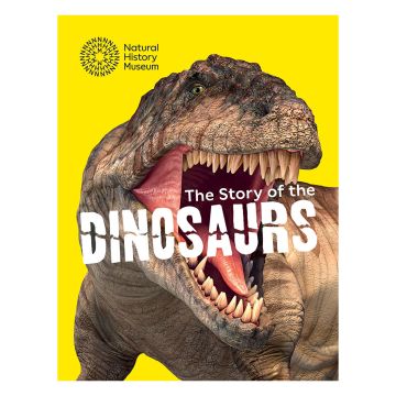 The front cover has a head shot of a roaring T. rex on a yellow background. The name of the book is printed in the jaws. The Museum logo is in the top left corner.
