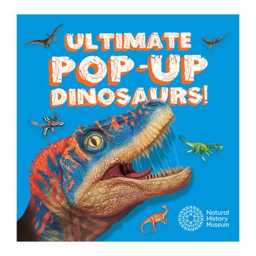 The front cover is bright blue with the words Ulitmate Pop-up Dinosaurs! in white font. It's printed above a Velociraptor's scaley head with a fiersome yellow eye and open jaws. 
