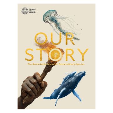 The front cover of Our Story has pictures of a jellyfish, a hand holding a fire torch and blue whales.