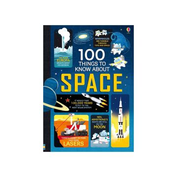 The front cover has the title in the middle surrounded by a grid of space facts with illustrations, such as the fact: Neil Armstrong’s boots are still on the Moon, illustrated by an astronaut holding a boot.