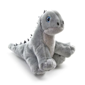 The light-grey Diplodocus has dark-grey triangular spikes on its spine and sits on its back legs. Its eyes are bright blue.