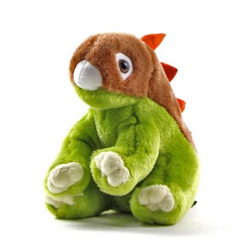 The Stegosaurus toy sits facing towards the camera. Its back and head are brown, with orange triangles running down its spine. Its legs, arms and underbelly are green. The end of the nose and claws are white.
