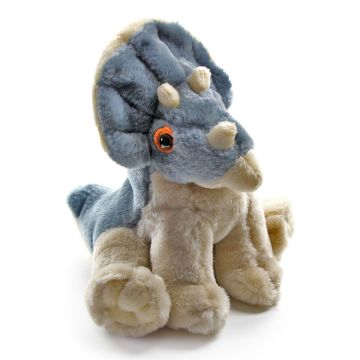 The Triceratops soft toy has a light beige body and horns, with a grey neck frill and tail and orange eyes. It is positioned sitting on its back legs.