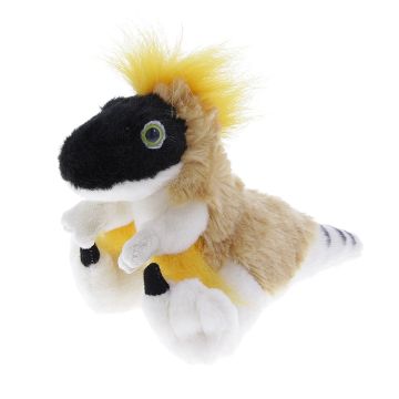 The light brown Velociraptor has a black face, amber eyes and feathery crest. It is positioned sitting on its back legs.