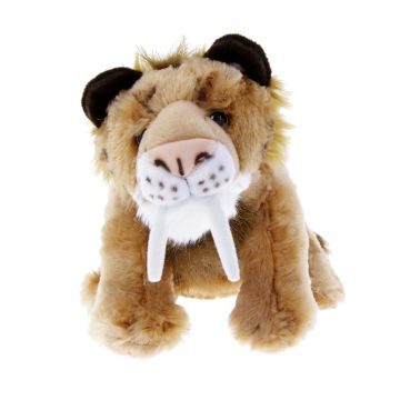 A front view of the Smilodon showing its face and front legs. Its body is light brown, it has black ears, a yellow mane, pink nose and a white mouth with two sabre-like teeth.