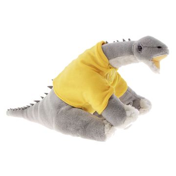 The grey and white Diplodocus toy faces forward with its mouth open. It wears a yellow t-shirt with the Natural History Museum logo in white on it.