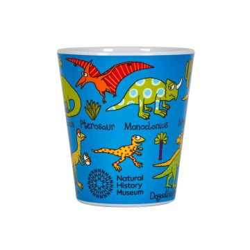 A side-on view of the beaker showing the Museum logo and illustrations, including Pterosaur and Monoclonius. 