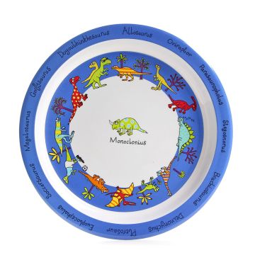 An overhead shot of the plate. The blue rim has dinosaur species names in curly font. There’s a white band inside, then another band of blue with the dinosaur illustrations on. The base is white with a green Monoclonius illustration.