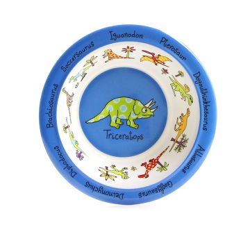 An overhead shot of the bowl. The blue rim has dinosaur species names in curly font, the white inside has colourful dinosaur illustrations and the base is blue with a green Triceratops illustration.
