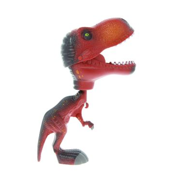 Side on view of the self-standing red and black Chomper, with its lime green eye  and its jaws open.