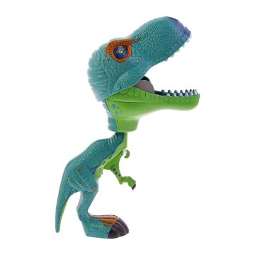 Side on view of the self-standing green and blue Chomper, with its brown and purple eye and its jaws open.