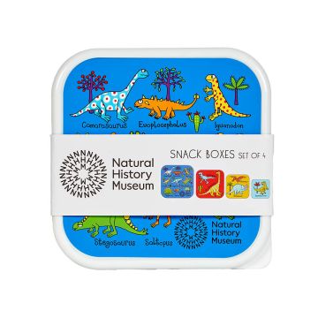 An overhead shot of the largest snack box (the others are stacked inside). The blue lid features illustrations of different dinosaurs and a packaging wrapper with thumbnail pictures of the four boxes.