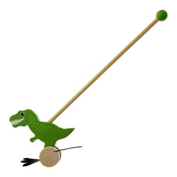 Side view of the toy, with the green T. rex on wheels at the bottom of the long handle, which has a round, green grip at the top. 