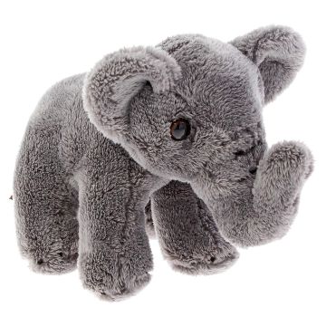 The grey elephant stands on all four legs, facing to the right, with its trunk curving upwards.
