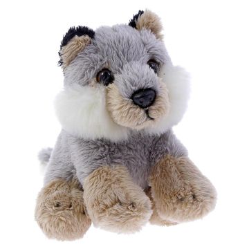 The toy sits on its back legs. Its body and head are light grey, its legs, mouth and inner ears are light brown and its cheeks are white.