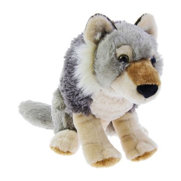 A front-on photo of the dire wolf. It has a light grey face, a cream and brown muzzle and black nose. Its legs, ears and mane are white and its body is light and dark grey.
