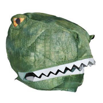 Side-on view of the T. rex Costume Head showing its green scales, white teeth and yellow eye.