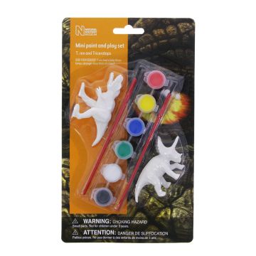 The front packaging design features an orange dinosaur eye. There’s a set of six paints, with a brush and dinosaur model on either side of it. 