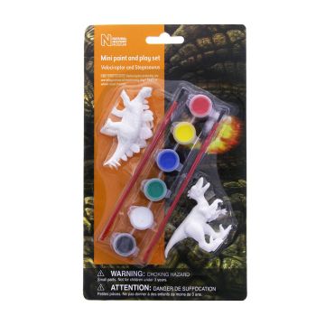 The front packaging design features an orange dinosaur eye. There’s a set of six paints, with a brush and dinosaur model on either side of it. 