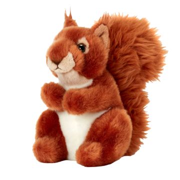 Side on view of the Red Squirrel Soft Toy positioned sat down showing its bushy tail.
