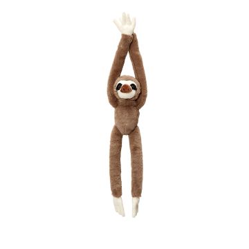 The sloth toy is shown hanging full length with its hands Velcroed together and its legs dangling down. The sloth’s body and nose are brown, with a white face, hands and feet and its eye patches are black.